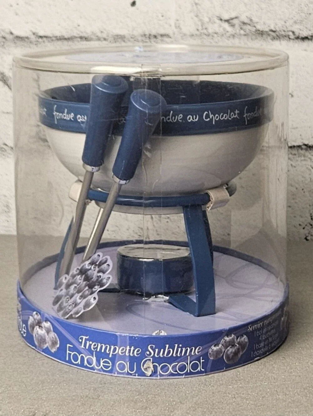 Vintage Jo!e Dipping Desire Chocolate Fondue Set NIB Blue Ceramic Bowl Forks NIB